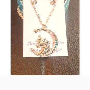 Unicorn Children Kids Necklace Earrings Set Gold Pl over Stainless NEW